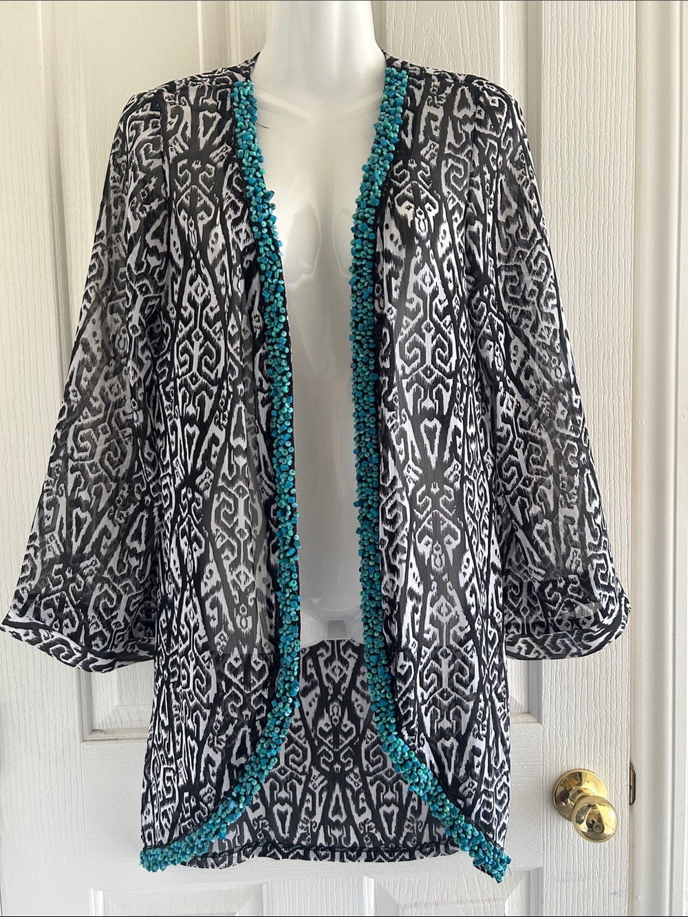 Black & White Ikat Kimono with Turquoise Beaded Trim